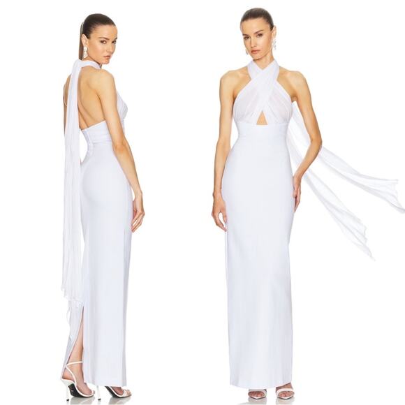 Helsa Amber Sheer Mesh Halterneck Tie Bodycon White Maxi Dress Size Medium - Picture 4 of 11